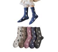 AKAMAS 5 Paar Damen Bunte Cartoon Muster Dicke Socken,Lustige Katze Tier Crew Socken,Winter Warme Söckchen,Atmungsaktive Warme Wolle Frauen Flauschige Thermo Stricksocken A