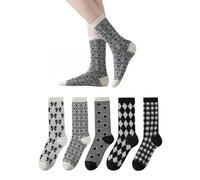 AKAMAS 5 Paar Damen Lustige Schwarz Weiß Gemusterte Socken,Herz Karierte Schleife Karo Muster Lange Crew Socken,Atmungsaktive Baumwollsocken Freizeitsocken,Warme Winter Wadensocken,Plaid Casual Socken
