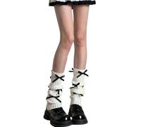AKAMAS Damen Graue Weiße Beinstulpen,Japanische Y2k Ballett Lolita Winter Strickstulpen,Knit Beinwärmer mit Schleifen,Warme Kniewärmer,Lange Dehnbar Stulpen,Baumwolle Legwarmers für Frauen B