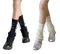 AKAMAS Damen Schwarz Weiß Grau Gestrickt Lose Beinwärmer,Süße Schleifen Rüschen Beinstulpen,Japanische Ballett Lolita Strickstulpen,Lange Dehnbar Warm Stulpen,Frauen Weiche Winter Legwarmers A