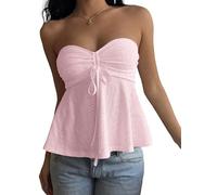 AKLOPVII Damen Y2k Vintage Gelb Ösen Geraffte Crop Tube Tops Niedlich Trägerlos Kordelzug Krawatte Ausgestelltes Bandeau Ausgehen, Pink, Groß