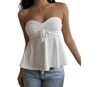 AKLOPVII Damen Y2k Vintage Gelb Ösen Geraffte Crop Tube Tops Niedlich Trägerlos Kordelzug Krawatte Ausgestelltes Bandeau Ausgehen, Weiss/opulenter Garten, Groß