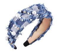 AKOOSY Geknotetes Jeans Haarband Damen Mit Strasssteinen Breites Blaues Denim Band Perlenverziert Für Hautpflege Und Party