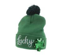 AKOOSY Irischgrüne Strickmütze mit Kleeblatt Stickerei und Pailletten Unisex Winter Beanie für St Patrick's Day und Winterfeiern