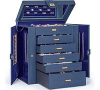 AKOZLIN Extra große Schmuckschatulle mit 6 Ebenen, funktional, riesig, 5 Schubladen, Leder-Schmuck-Aufbewahrungsbox für Damen, Mädchen, Ringe, Halsketten, Ohrringe, Armbänder, Organizer mit Spiegel