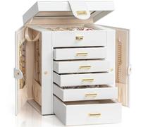 AKOZLIN Funktionelle Schmuckschatulle mit 6 Ebenen, Organizer mit 5 Schubladen, Leder-Schmuck-Aufbewahrungsbox für Damen, Mädchen, Ringe, Halsketten, Ohrringe, Armbänder, Organizer mit Spiegel, Weiß