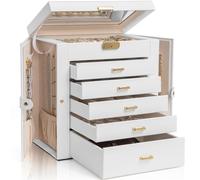 AKOZLIN Große Schmuckschatulle mit 6 Ebenen, abschließbar, Leder, Schmuck-Aufbewahrungsbox mit 5 Schubladen, für Damen, Mädchen, Ringe, Halsketten, Ohrringe, Armbänder, Organizer mit Spiegel
