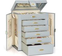 AKOZLIN Große Schmuckschatulle, Organizer, funktional, abschließbar mit großem Spiegel, Leder-Schmuck-Aufbewahrungsbox für Damen, Mädchen, Ringe, Halsketten, Ohrringe, Armbänder, Organizer, grau