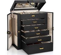 AKOZLIN Riesige Schmuckschatulle, Organizer, funktional, abschließbar, extra groß, Leder, Schmuck-Aufbewahrungsbox für Damen, Mädchen, Ringe, Halsketten, Ohrringe, Armbänder, Organizer mit Spiegel,