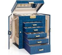 AKOZLIN Schmuckkästchen mit 6 Ebenen, abschließbar, Leder, Schmuck-Aufbewahrungsbox mit 5 Schubladen, für Damen, Mädchen, Ringe, Halsketten, Ohrringe, Armbänder, Organizer, mit Spiegel, Blau