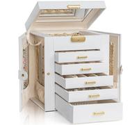 AKOZLIN Schmuckkästchen mit 6 Ebenen, abschließbar, Leder, Schmuck-Aufbewahrungsbox mit 5 Schubladen, für Damen, Mädchen, Ringe, Halsketten, Ohrringe, Armbänder, Organizer mit Spiegel