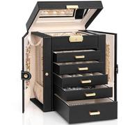AKOZLIN Schmuckkästchen mit 6 Ebenen, abschließbar, Leder, Schmuck-Aufbewahrungsbox mit 5 Schubladen, für Damen, Mädchen, Ringe, Halsketten, Ohrringe, Armbänder, Organizer mit Spiegel