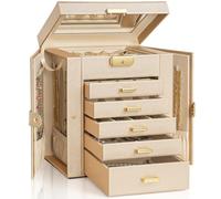 AKOZLIN Schmuckkästchen mit 6 Ebenen, abschließbar, Leder, Schmuck-Aufbewahrungsbox mit 5 Schubladen, für Damen, Mädchen, Ringe, Halsketten, Ohrringe, Armbänder, Organizer mit Spiegel