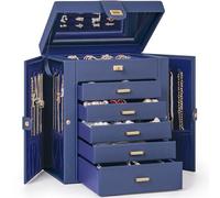 AKOZLIN Schmuckkästchen mit 6 Ebenen, funktional, 5 Schubladen, Leder-Schmuck-Aufbewahrungsbox für Damen, Mädchen, Ringe, Halsketten, Ohrringe, Armbänder, Organizer, mit Spiegel, Blau