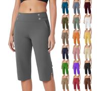 akwuiopt Damen-Caprihose, 3/4-Länge, Stretch, kurze Hose, hohe Taille, gerade, Freizeithose, Übergröße, Yogahose, einfarbig, Sommer-Leggings, Arbeitshose, Kleid mit Taschen, grau, L