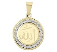 Akzent Edelstahl Anhänger in Gold Unisex | Allah aufschrift-Anhänger, 2,5 cm breit | Ösenverschluss | Charms ohne Halskette | Geschenk für Damen & Herren | 100% Wasserfest & Hautverträglich