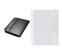 Alassio 30014 - Ringbuchmappe Limone, DIN A4, aus Leder, schwarz, ca. 36 × 28,5 × 4 cm & Veloflex 5340000 - Dokumentenhüllen DIN A4, aus PP 130my, dokumentenecht, transparent farblos, 10er Packung