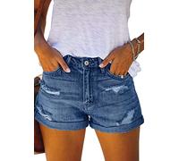 Alaster Queen Damen Denim Shorts High Waist Denim Shorts für Frauen Ripped Folded Side Distressed Short Jeans Crimpen Hotpants Blau XL