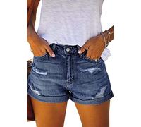 Alaster Queen Damen Denim Shorts High Waist Denim Shorts für Frauen Ripped Folded Side Distressed Short Jeans Crimpen Hotpants Blau XL