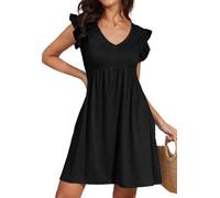 Alaster Queen Damenkleider Sommer Kleider für Damen Sundress Strandkleid Damen Tunika Kleid Babydoll A-Linie Hohe Taille Knielang V-Ausschnitt Kleid kurz mit Taschen,Schwarz,M