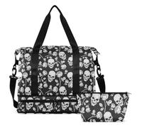 ALAZA Sporttasche mit Schuhfach, wasserdicht, Gothic-Blumen und Totenköpfe, großer Turnbeutel für Männer und Frauen, Trainingstasche für Fitness, Fußball, Reisen, Wochenendtraining, Totenköpfe 064