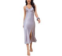 Alcea Rosea Damen Satin Nachthemd Spitze Ärmellose Dessous mit V-Ausschnitt Nachtwäsche Sexy rückenfreie Satin Slip Silk Negligee S-XXXL (Kohlengrau, S)