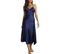 Alcea Rosea Damen Satin Nachthemd Spitze Ärmellose Dessous mit V-Ausschnitt Nachtwäsche Sexy rückenfreie Satin Slip Silk Negligee S-XXXL (Marine Satin, L)