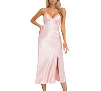 Alcea Rosea Damen Satin Nachthemd Spitze Ärmellose Dessous mit V-Ausschnitt Nachtwäsche Sexy rückenfreie Satin Slip Silk Negligee S-XXXL(Pulver Satin, L)