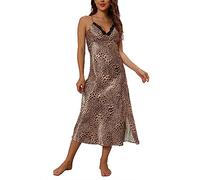 Alcea Rosea Damen Satin Nachthemd Spitze Ärmellose Dessous mit V-Ausschnitt Nachtwäsche Sexy rückenfreie Satin Slip Silk Negligee S-XXXL(Leopardenmuster Satin, XXXL)