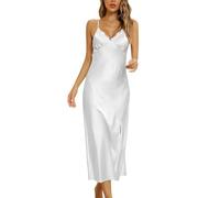 Alcea Rosea Damen Satin Nachthemd Spitze Ärmellose Dessous mit V-Ausschnitt Nachtwäsche Sexy rückenfreie Satin Slip Silk Negligee S-XXXL (Perlweiss, S)