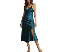 Alcea Rosea Damen Satin Nachthemd Spitze Ärmellose Dessous mit V-Ausschnitt Nachtwäsche Sexy rückenfreie Satin Slip Silk Negligee S-XXXL (Schwarzgrün, M)