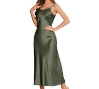 Alcea Rosea Langes Satin Schlafkleid für Damen Sexy V-Ausschnitt Dessous Kleid Verstellbare Träger Seidiges Maxi Unterkleid