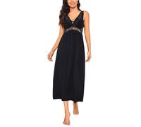 Alcea Rosea Satin Nachthemd Damen Lang Schwarz Spitze Sexy Nachthemden Damen ärmelloses Negligee Elegantes S-XXXL