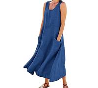 Alecony Leinenkleid Damen Sommer Lang Blusenkleid Ärmellos Leinen Kleider Große Größen Festliche Kleid Tunikakleid Einfabig Maxikleider Freizeitkleid mit Taschen Lockere Lässige Kleider Strandkleid