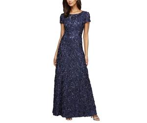 Alex Evenings Damen Langes Rosette Brautmutterkleid mit Kurzen Ärmeln, Hochzeitsgast Kleid für besondere Anlässe, Navy, 46 Petite