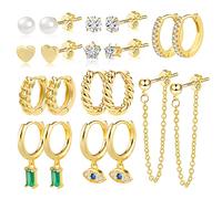 ALEXCRAFT 10 Paar Multipack Ohrringe Gold Set, 14k Vergoldet Stapelbar Ohrringe mit Anhänger Kette, Hypoallergen kleine Creolen Gold Ohrring Ohrstecker Set für Damen Frauen