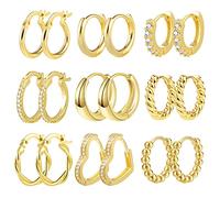 ALEXCRAFT Gold Ohrringe Set, 9 Paar 14k Echt Vergoldete Creolen Kleine für Damen, Multipack Creolen mit AAA+ Zirkonia Twist Herz Hypoallergen Piercing Knorpel für Mehrere Ohrlöcher