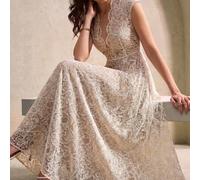 ALIAO Damen Apricot Paisley besticktes Mesh transparentes tailliertes schlankmachendes Maxikleid, Vintage Royal Luxus Stil Herbstkollektion
