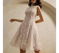 ALIAO Frühling/Sommer Aprikosenfarbenes Paisley besticktes transparentes Mesh Kleid, Vintage Hofstil, Valentinstag Hochzeitsoutfit elegant