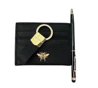 Alice Wheeler London Luxus 3-teiliges Geschenkset - Veganes Leder Schleife Kartenetui mit Gold Bee Beschläge, Exklusiver Loop Schlüsselanhänger & Kugelschreiber mit Stylus - Geschenkbox - 5 Farben