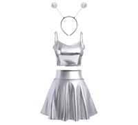 Alien Kostüm Damen Sexy Metallic Glitzer Crop Top+Mini Röcke+Alien Haarreif Rave Outfit