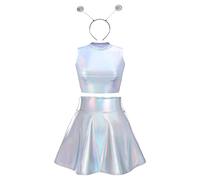 Alien Kostüm Damen Sexy Metallic Glitzer Crop Top+Mini Röcke+Alien Haarreif Rave Outfit