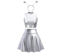 Alien Kostüm Damen Sexy Metallic Glitzer Crop Top+Mini Röcke+Alien Haarreif Rave Outfit
