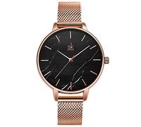 Alienwork Armbanduhr Damen Roségold Metall Mesh Armband Edelstahl Schwarz Ultra-flach Elegant