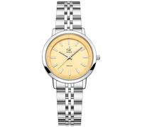 Alienwork Armbanduhr Damen Silber Edelstahl Metallarmband Gelb Ultra-flach Elegant Metall-Armband