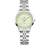 Alienwork Armbanduhr Damen Silber Edelstahl Metallarmband Grün Ultra-flach Elegant Metall-Armband