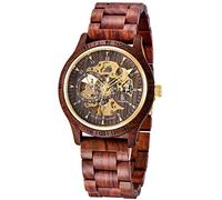 Alienwork Automatikuhr Armbanduhr Herren Rot Holz-Armband Schwarz Skelett Natur-Holz