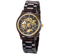 Alienwork Automatikuhr Armbanduhr Herren Schwarz Holz-Armband Gold Skelett Natur-Holz