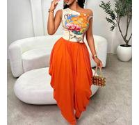 Aliling Damen Sommer Avantgarde asymmetrischer Kragen bedrucktes Top kombiniert mit weiten plissierten Taschen Strickjose 2-teiliges Set, geeignet für