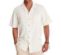 Alimens & Gentle Herren-Leinenhemden, kurzärmelig, Button-Down-Shirt, Baumwolle, Sommer, Strand, kubanische Hemden, Urlaub, Hawaii-Hemden, A-Cremeweiß, Mittel